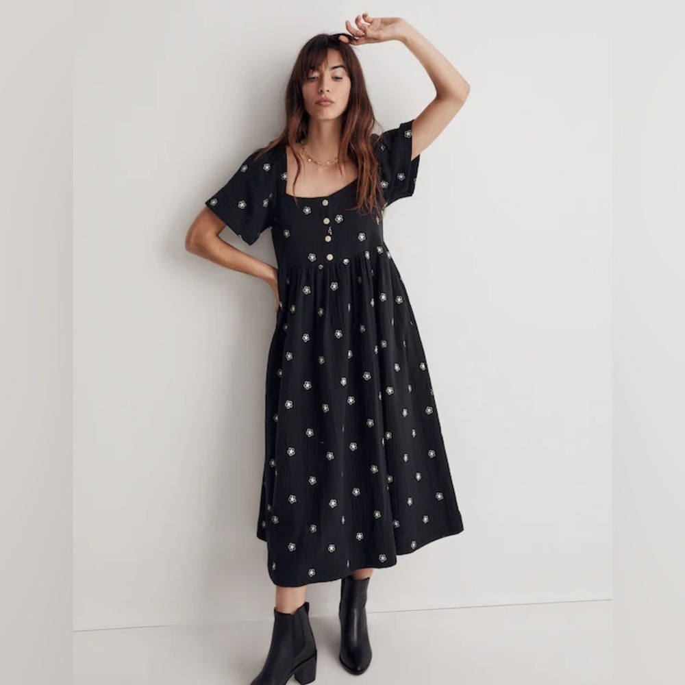 Madewell Daisy Embroidered square neck midi Dress